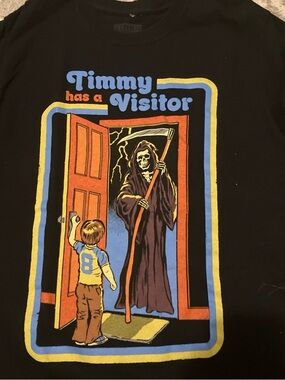 RHODE Black Tee with Yellow, Blue, Orange Graphic - "Timmy Has a Visitor"